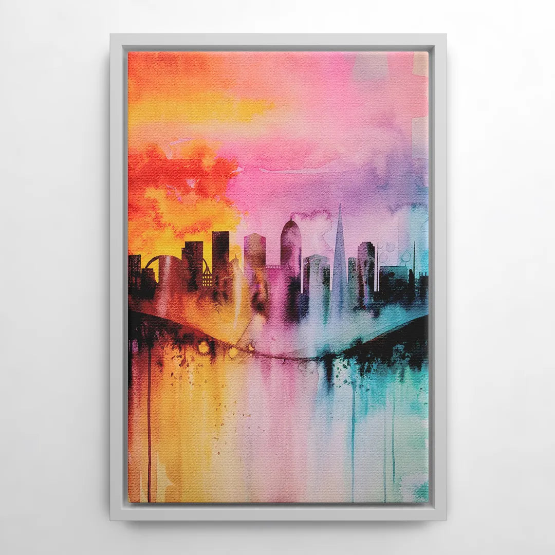Oakland Skyline Sunset - White Frame Canvas