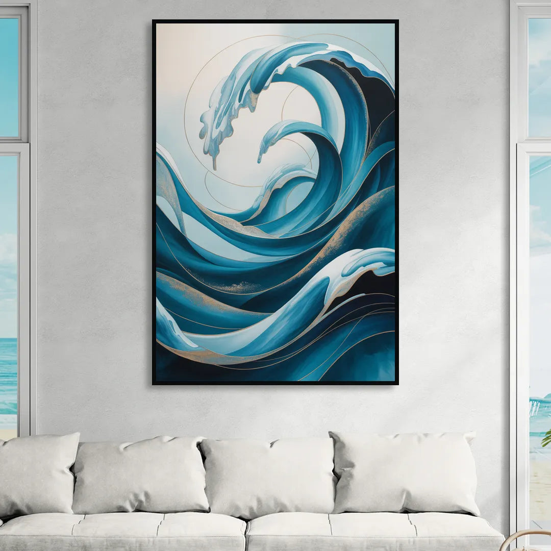 Ocean Currents Blue Abstract Living Room - Black Canvas Wall Art