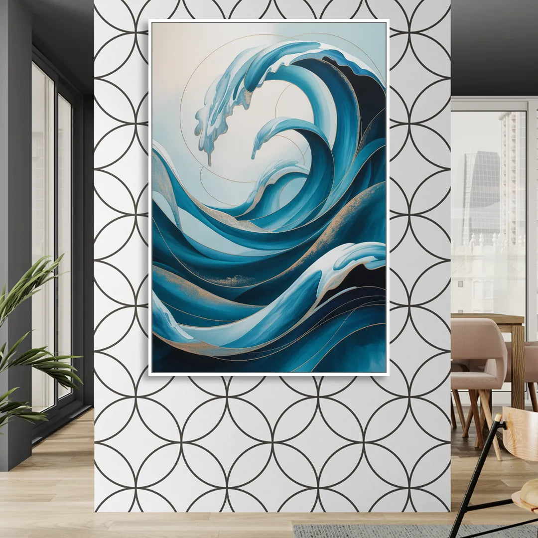 Ocean Currents Blue Abstract Living Room - White Canvas Wall Art