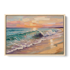 Ocean Wave Painting of a Sunset Curl - Oak Framed Canvas Wall Art - Front