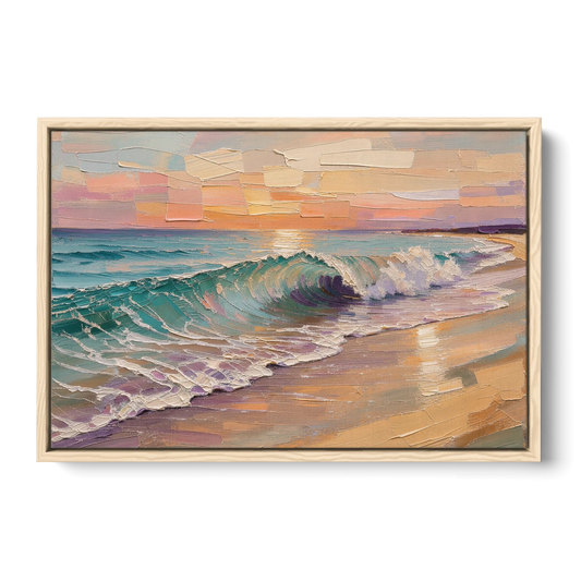 Ocean Wave Painting of a Sunset Curl - Oak Framed Canvas Wall Art - Front