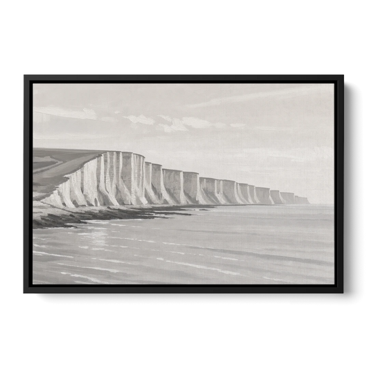 Office Art Prints Chalk Cliffs Above a Calm Sea - Black Framed Canvas Wall Art - Front