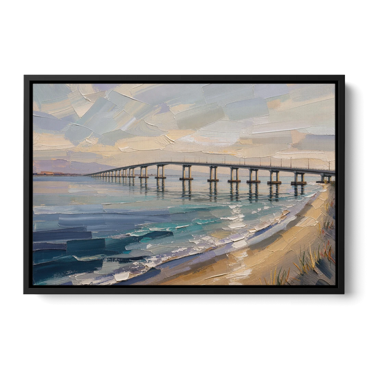 Office Canvas Wall Art of a Long Bay Bridge - Black Framed Canvas Wall Art - Front