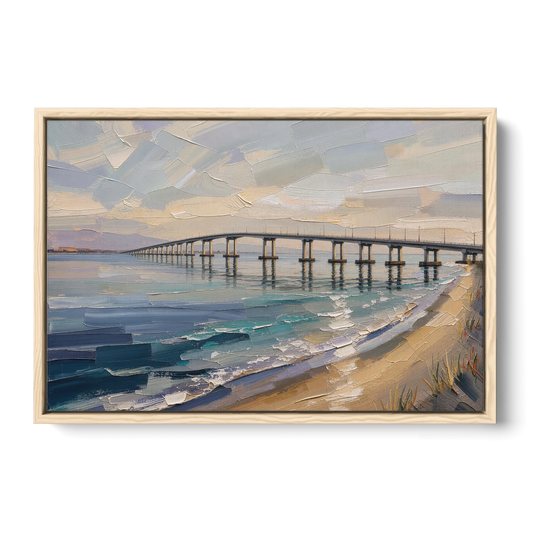 Office Canvas Wall Art of a Long Bay Bridge - Oak Framed Canvas Wall Art - Front