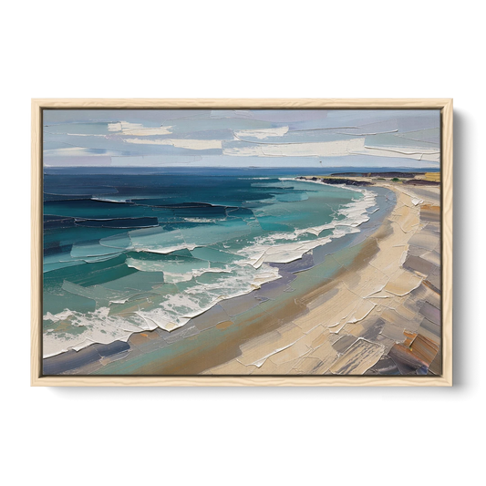 Office Wall Decor with Surf Curving Along Sand - Oak Framed Canvas Wall Art - Front