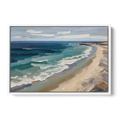 Office Wall Decor with Surf Curving Along Sand - White Framed Canvas Wall Art - Front