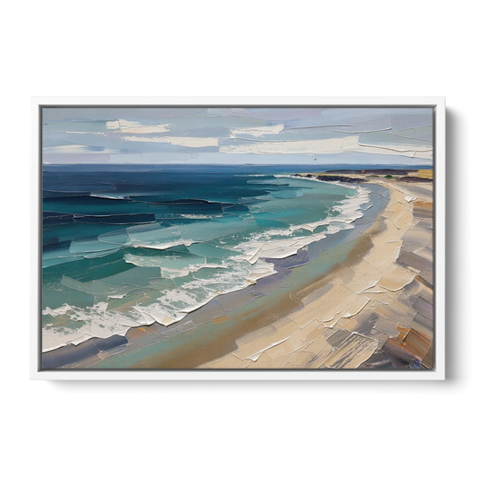 Office Wall Decor with Surf Curving Along Sand - White Framed Canvas Wall Art - Front