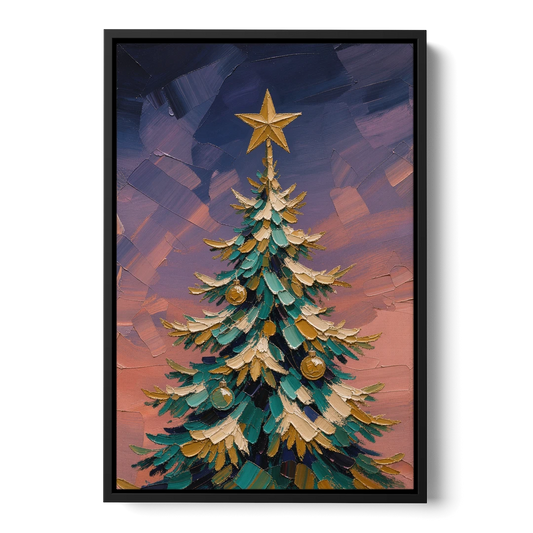 Oil Painting Christmas Tree at Violet Twilight - Black Framed Canvas Wall Art - Front
