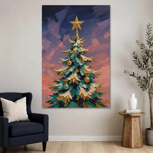 Oil Painting Christmas Tree at Violet Twilight - Canvas Wall Art - Sofa - 40x60