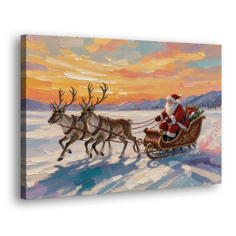 Oil Painting Santa Claus Racing the Sunset - Canvas Wall Art
