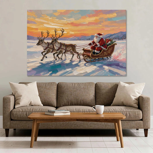 Oil Painting Santa Claus Racing the Sunset - Canvas Wall Art - Sofa - 60x40