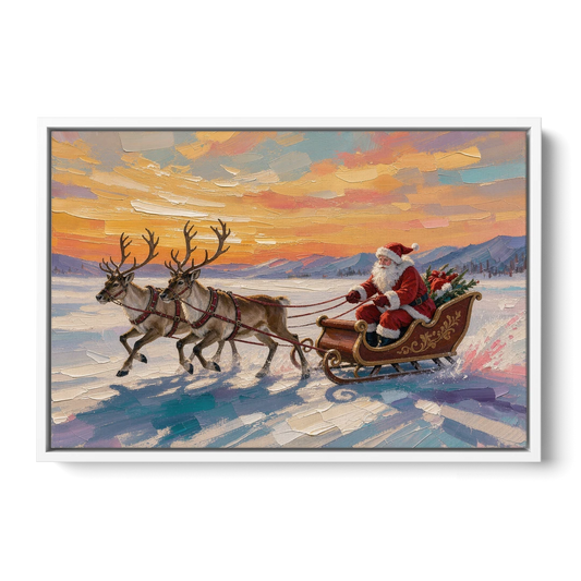 Oil Painting Santa Claus Racing the Sunset - White Framed Canvas Wall Art - Front