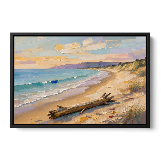 Oil Painting of Beach and Lone Driftwood - Black Framed Canvas Wall Art - Front
