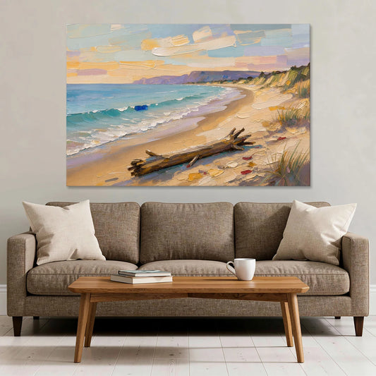 Oil Painting of Beach and Lone Driftwood - Canvas Wall Art - Sofa - 60x40