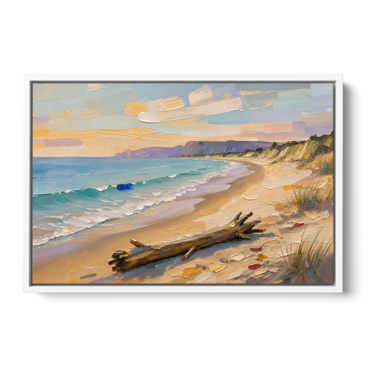 Oil Painting of Beach and Lone Driftwood - White Framed Canvas Wall Art - Front