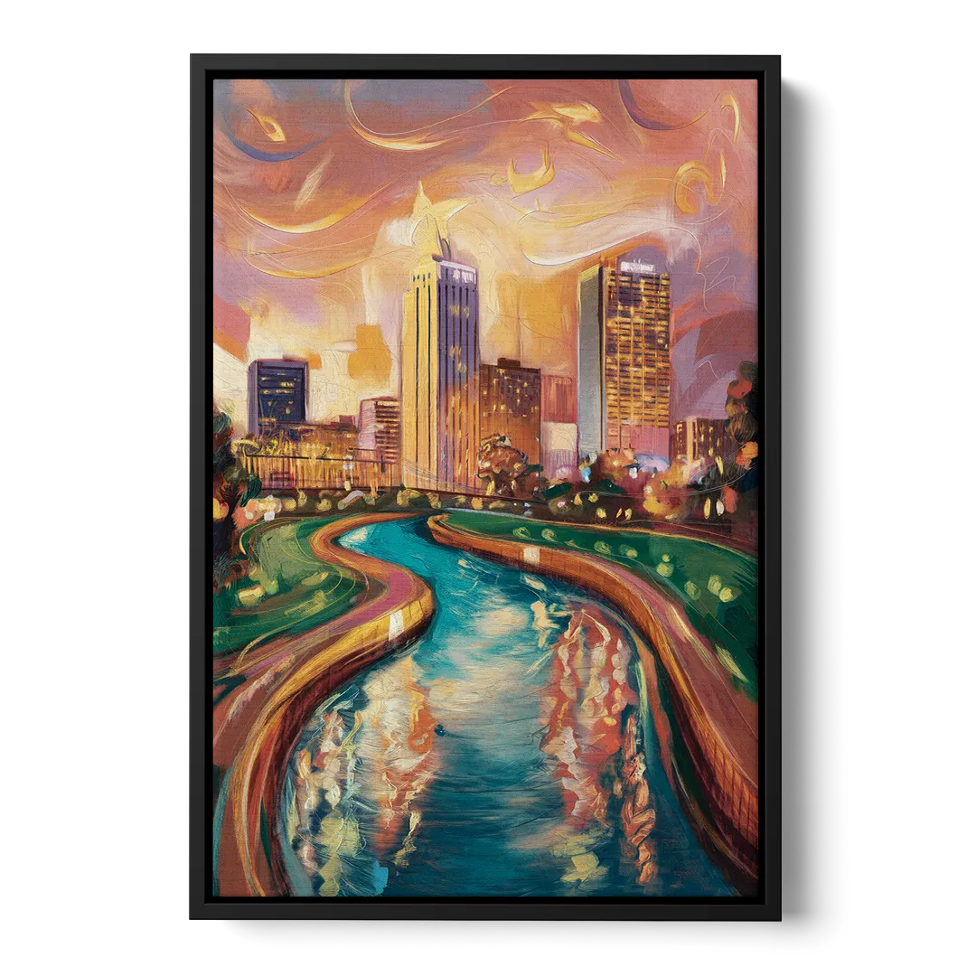 Oklahoma City Bricktown Canal Front - Black Canvas Wall Art