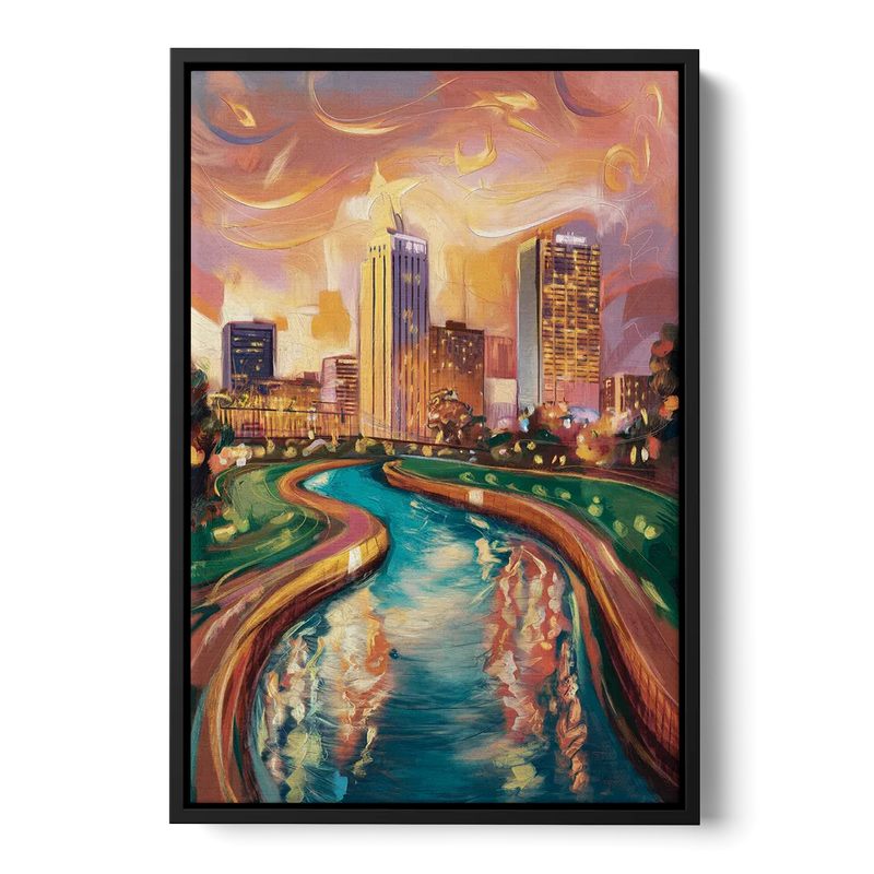 Oklahoma City Bricktown Canal Front - Black Canvas Wall Art