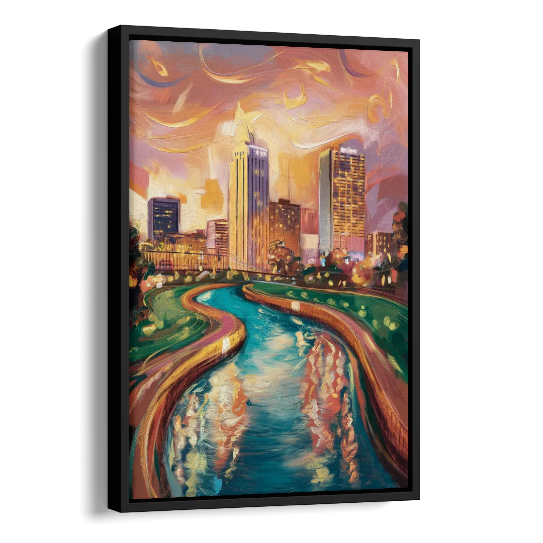 Oklahoma City Bricktown Canal Side - Black Canvas Wall Art