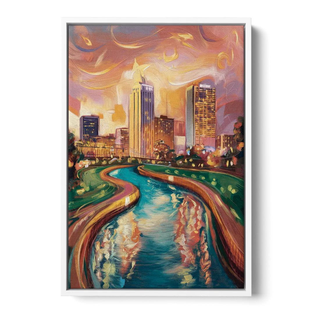 Oklahoma City Bricktown Canal Front - White Canvas Wall Art