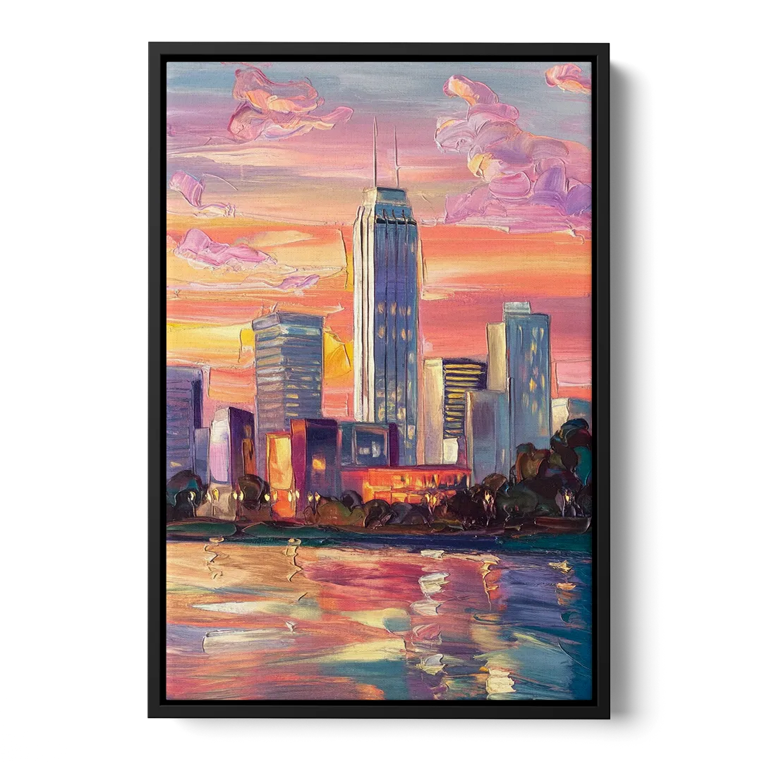 Oklahoma City Downtown Sunset Front - Black Canvas Wall Art