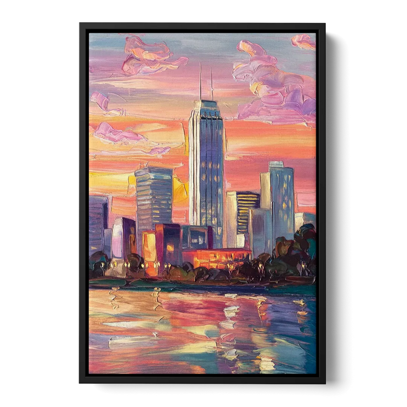 Oklahoma City Downtown Sunset Front - Black Canvas Wall Art