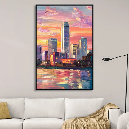 Oklahoma City Downtown Sunset Living Room - Black Canvas Wall Art
