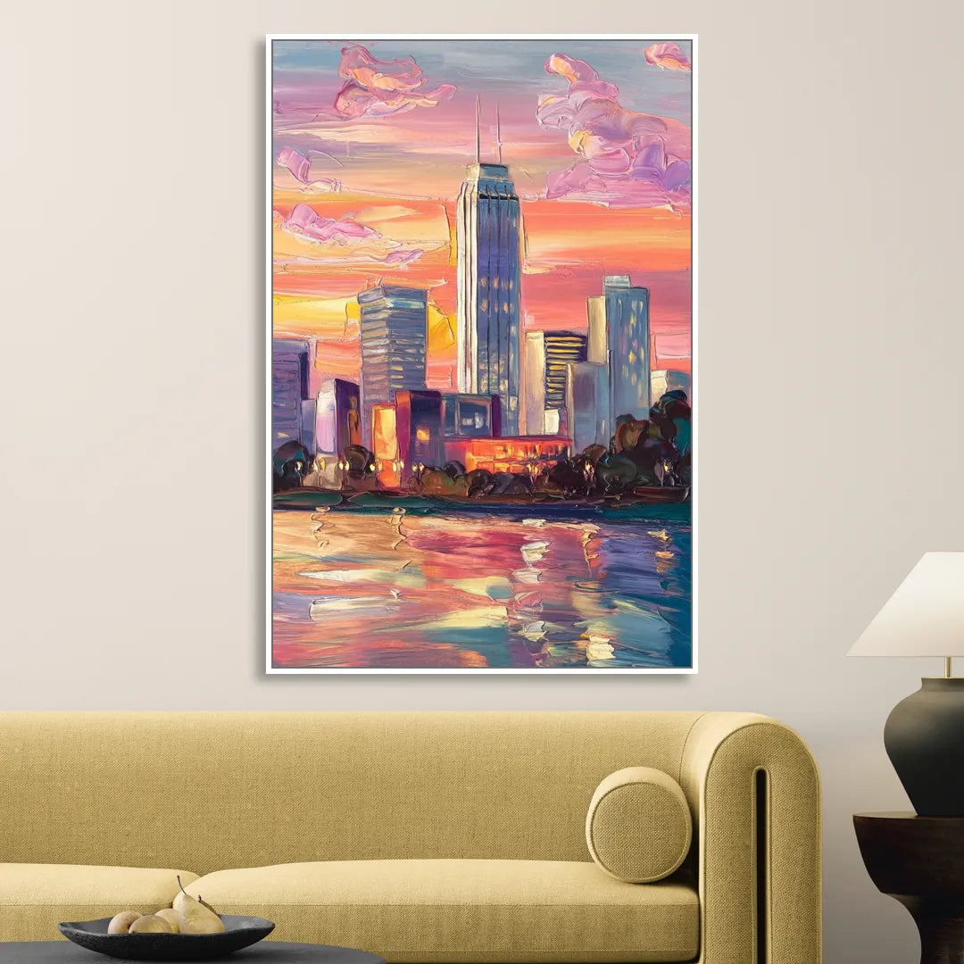 Oklahoma City Downtown Sunset Sitting Room - White Canvas Wall Art