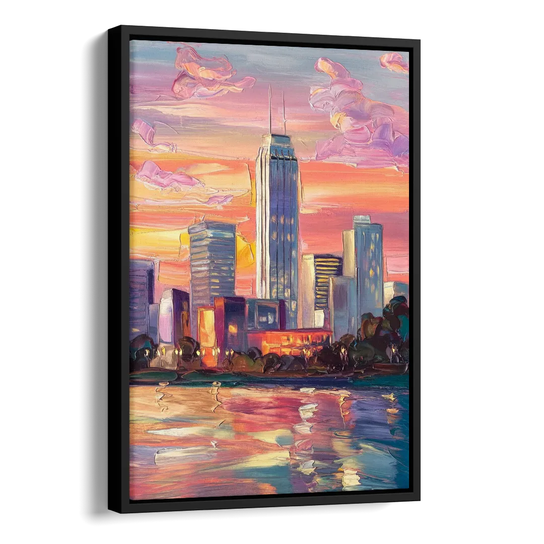 Oklahoma City Downtown Sunset Side - Black Canvas Wall Art