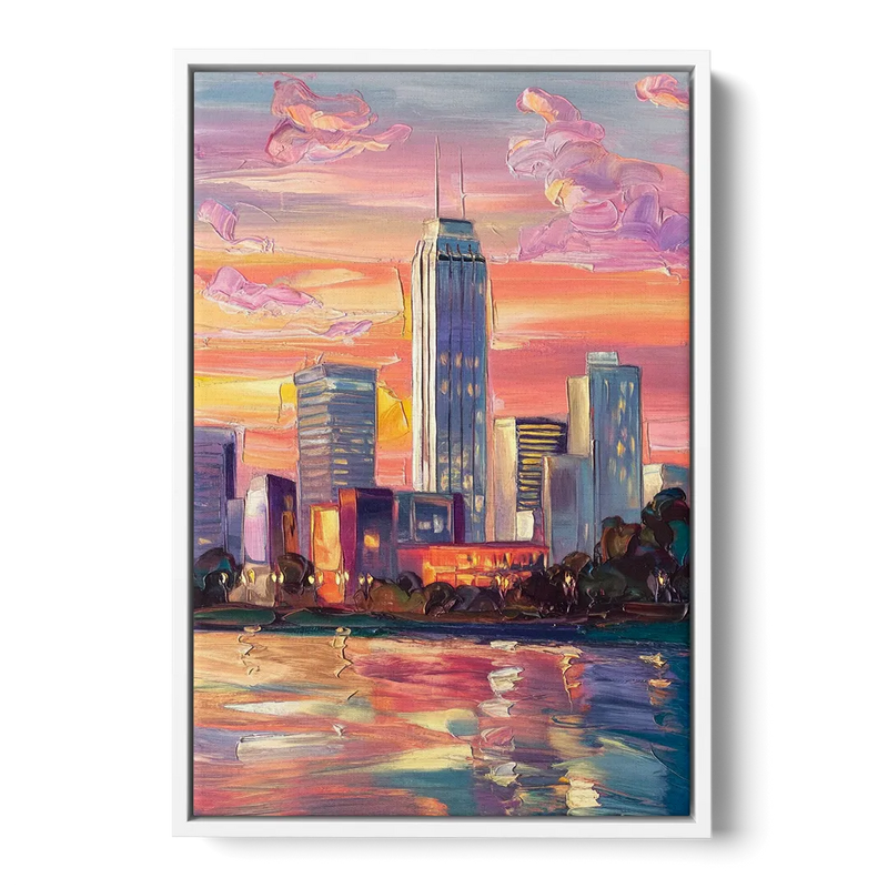 Oklahoma City Downtown Sunset Front - White Canvas Wall Art