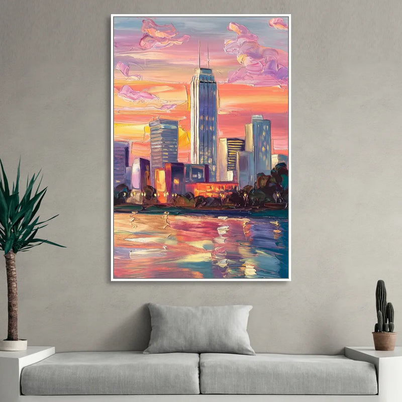 Oklahoma City Downtown Sunset Living Room - White Canvas Wall Art