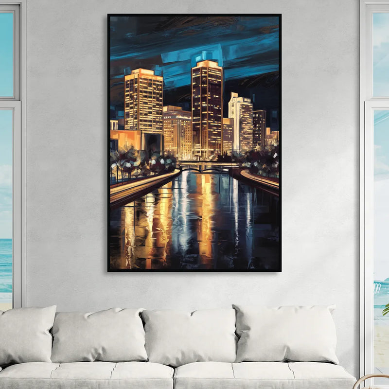 Oklahoma City Night Lights Sitting Room - Black Canvas Wall Art