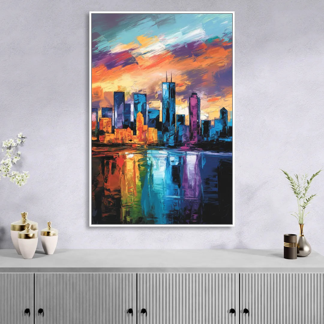 Oklahoma City Skyline with Thunder Colors Sitting Room - White Canvas Wall Art