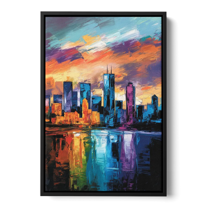 Oklahoma City Skyline with Thunder Colors Front - Black Canvas Wall Art