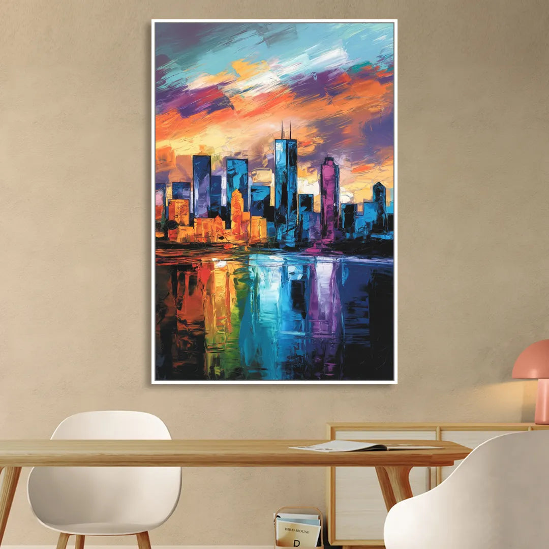 Oklahoma City Skyline with Thunder Colors Living Room - White Canvas Wall Art