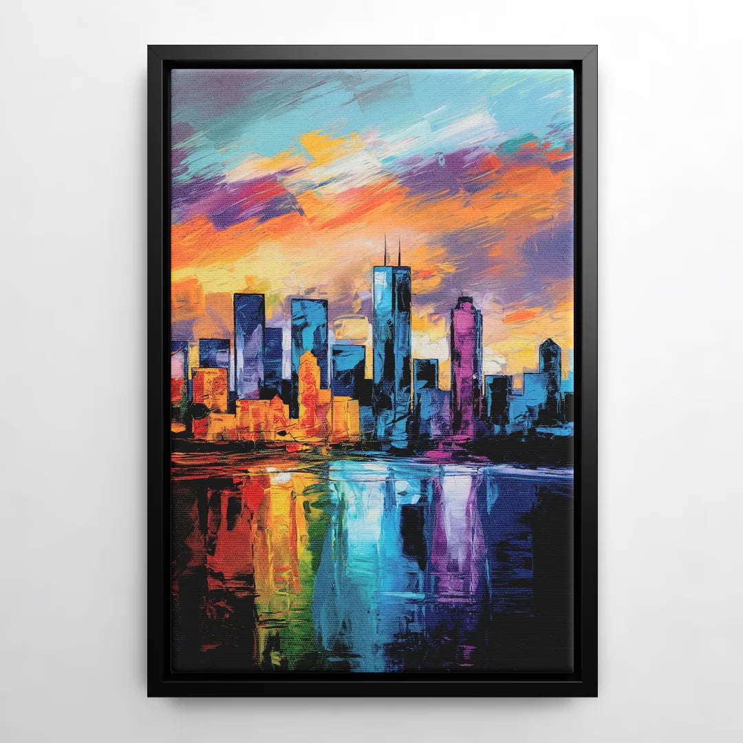 Oklahoma City Skyline with Thunder Colors - Black Frame Canvas