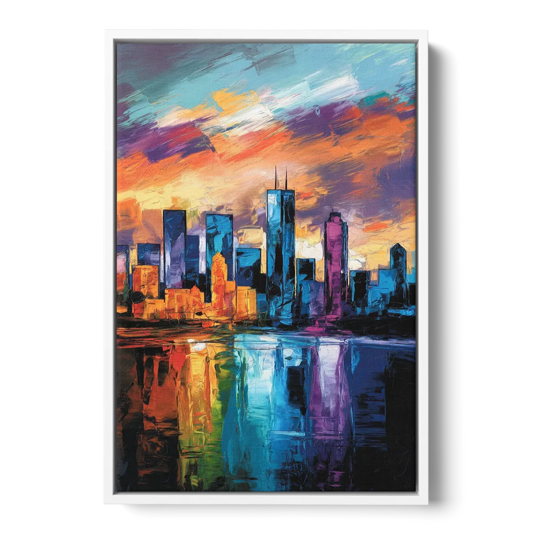 Oklahoma City Skyline with Thunder Colors Front - White Canvas Wall Art