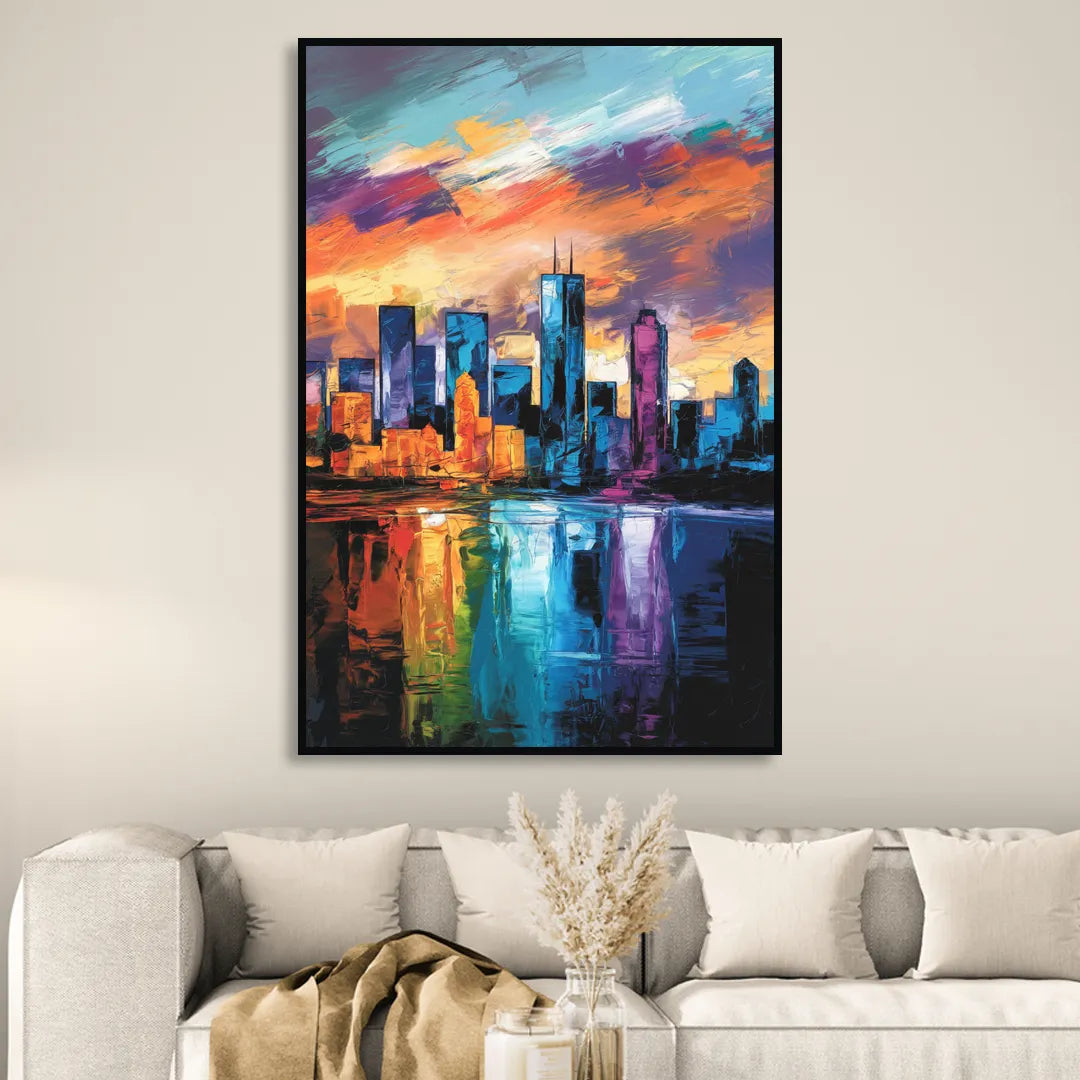 Oklahoma City Skyline with Thunder Colors Sitting Room - Black Canvas Wall Art