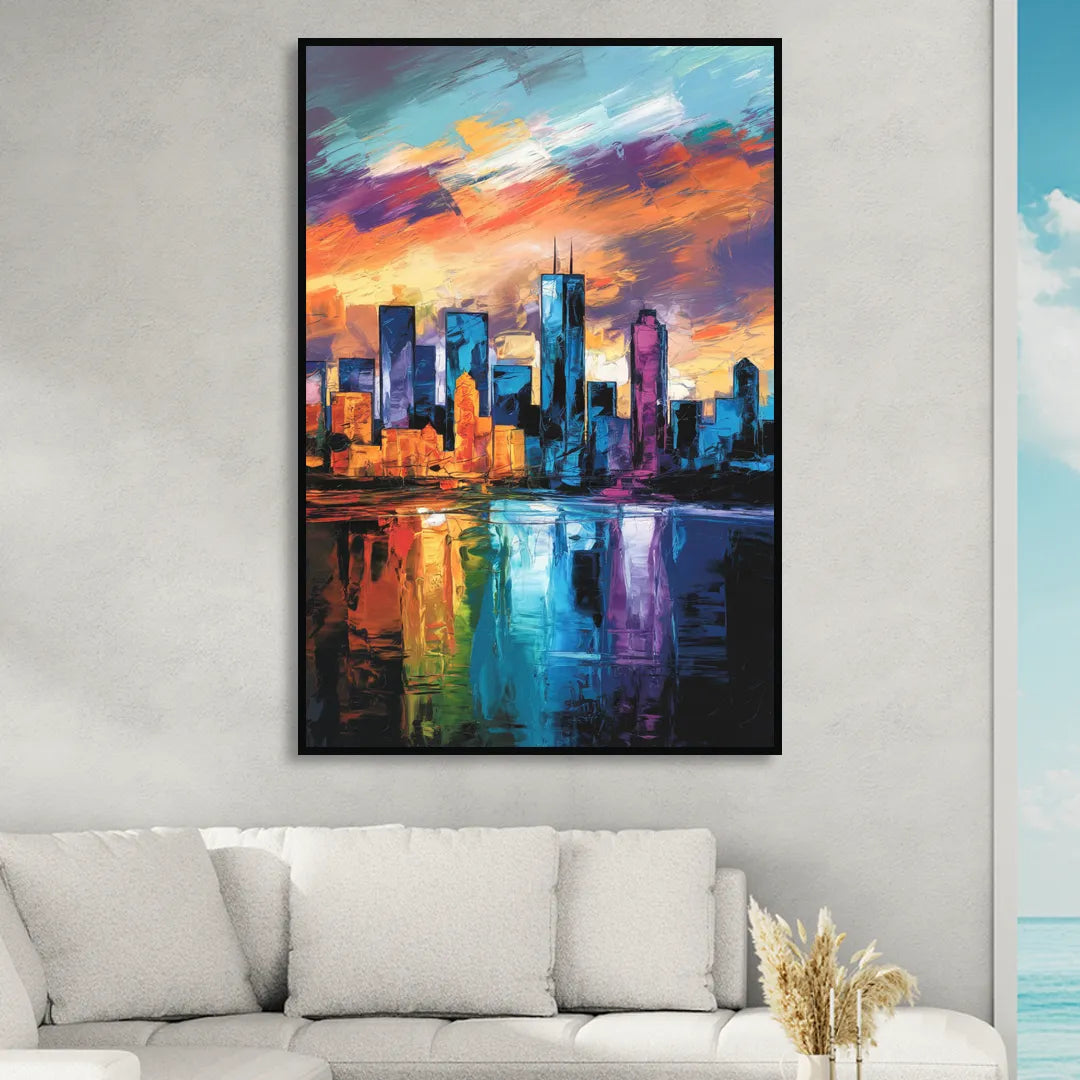Oklahoma City Skyline with Thunder Colors Living Room - Black Canvas Wall Art