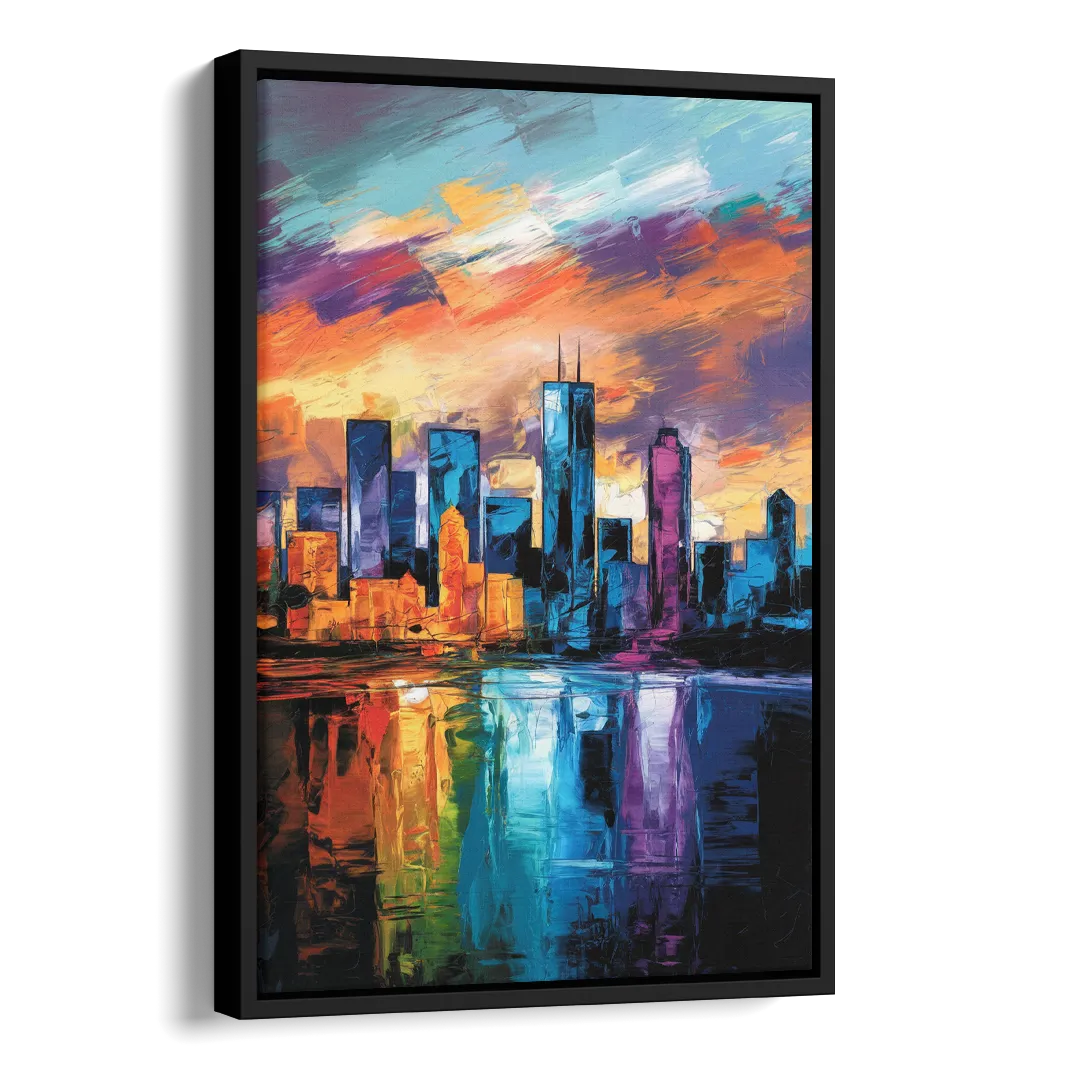 Oklahoma City Skyline with Thunder Colors Side - Black Canvas Wall Art