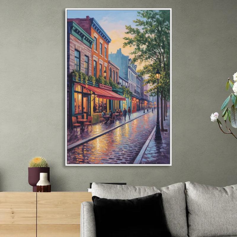 Old Montreal Streets Living Room - White Canvas Wall Art