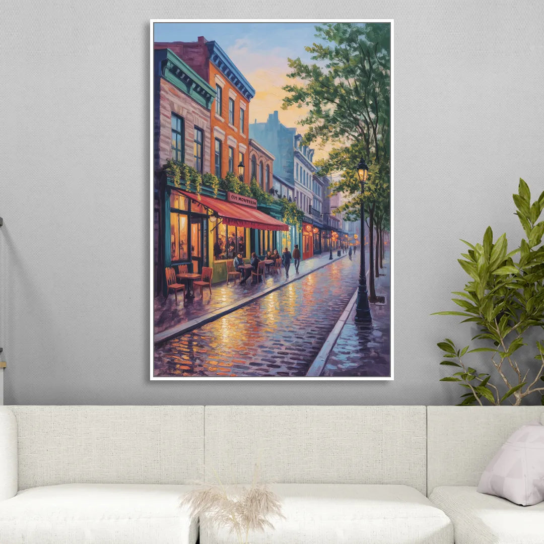 Old Montreal Streets Sitting Room - White Canvas Wall Art