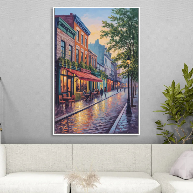 Old Montreal Streets Sitting Room - White Canvas Wall Art