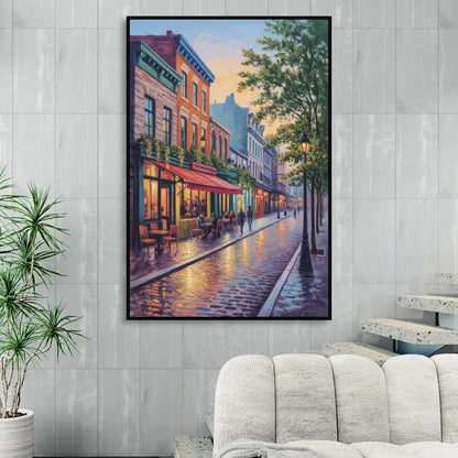 Old Montreal Streets Sitting Room - Black Canvas Wall Art