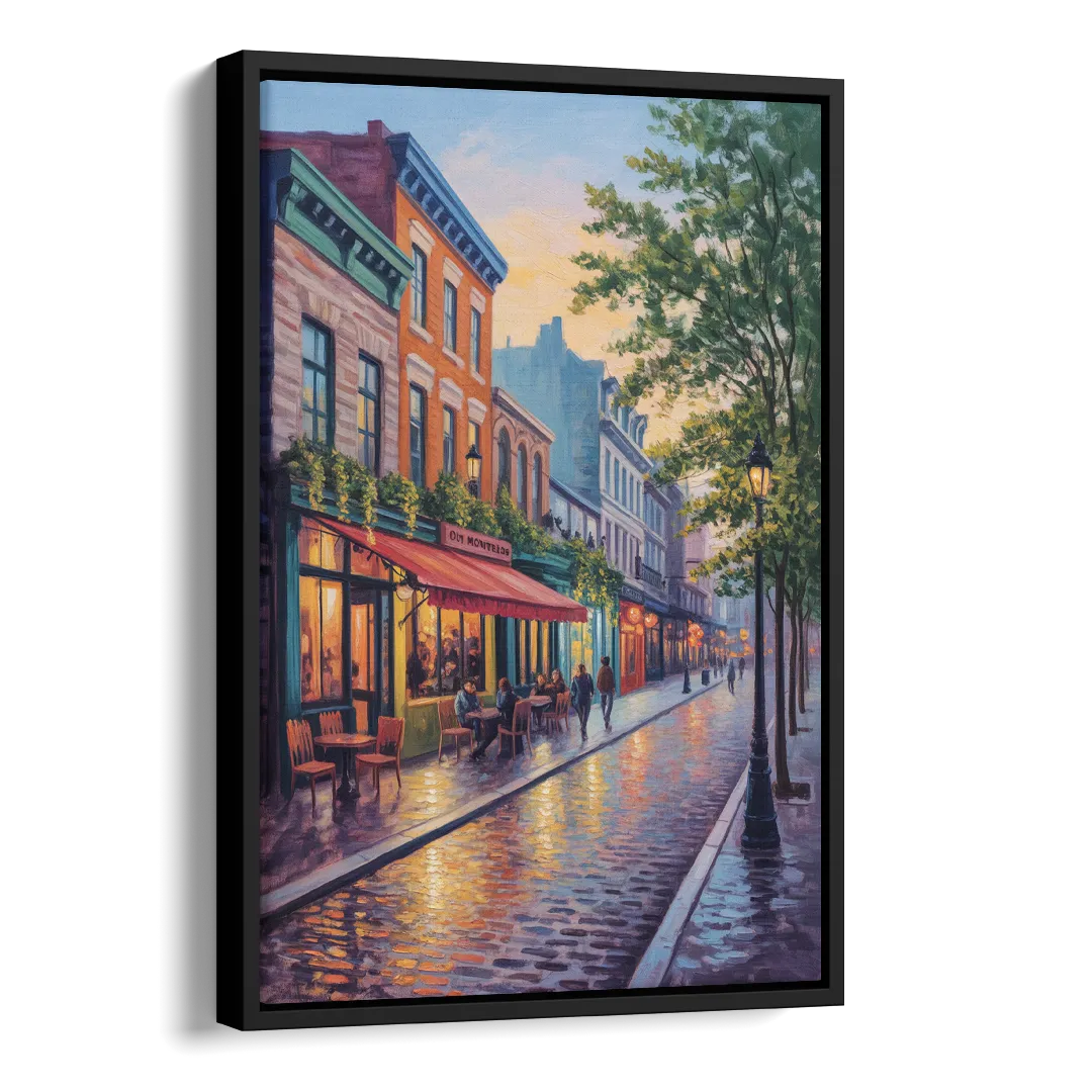 Old Montreal Streets Side - Black Canvas Wall Art