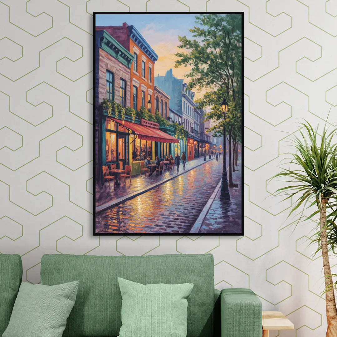 Old Montreal Streets Living Room - Black Canvas Wall Art