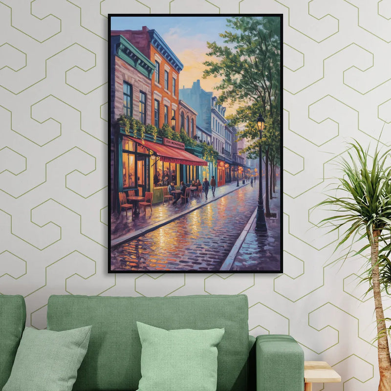 Old Montreal Streets Living Room - Black Canvas Wall Art