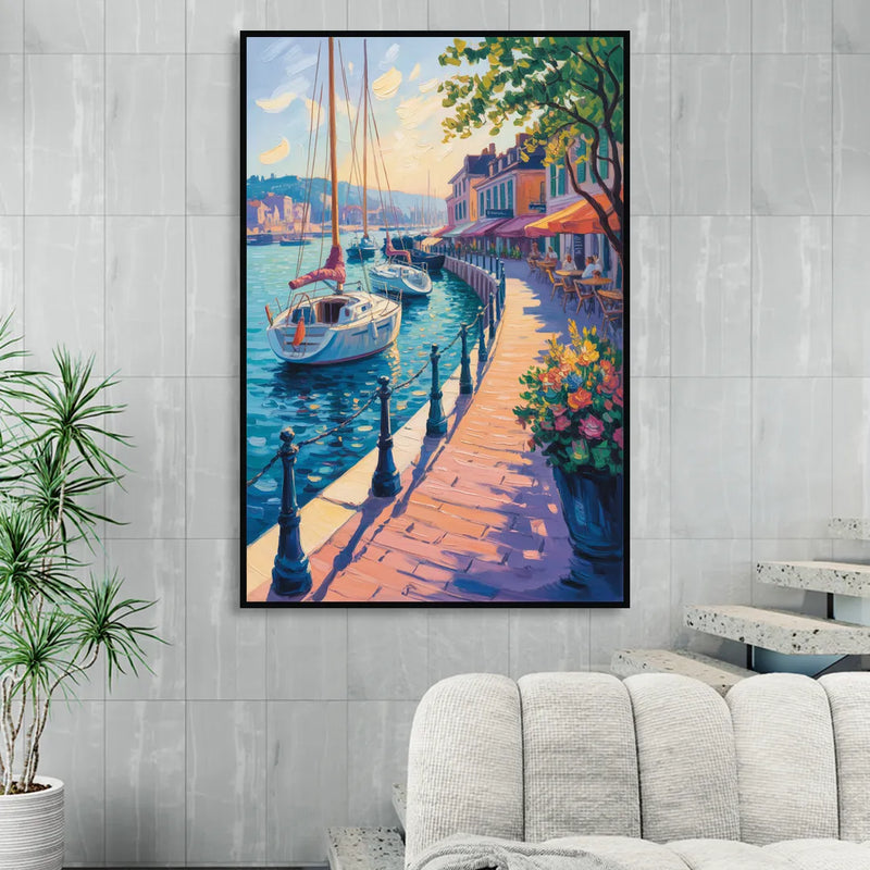 Old Port Waterfront Living Room - Black Canvas Wall Art