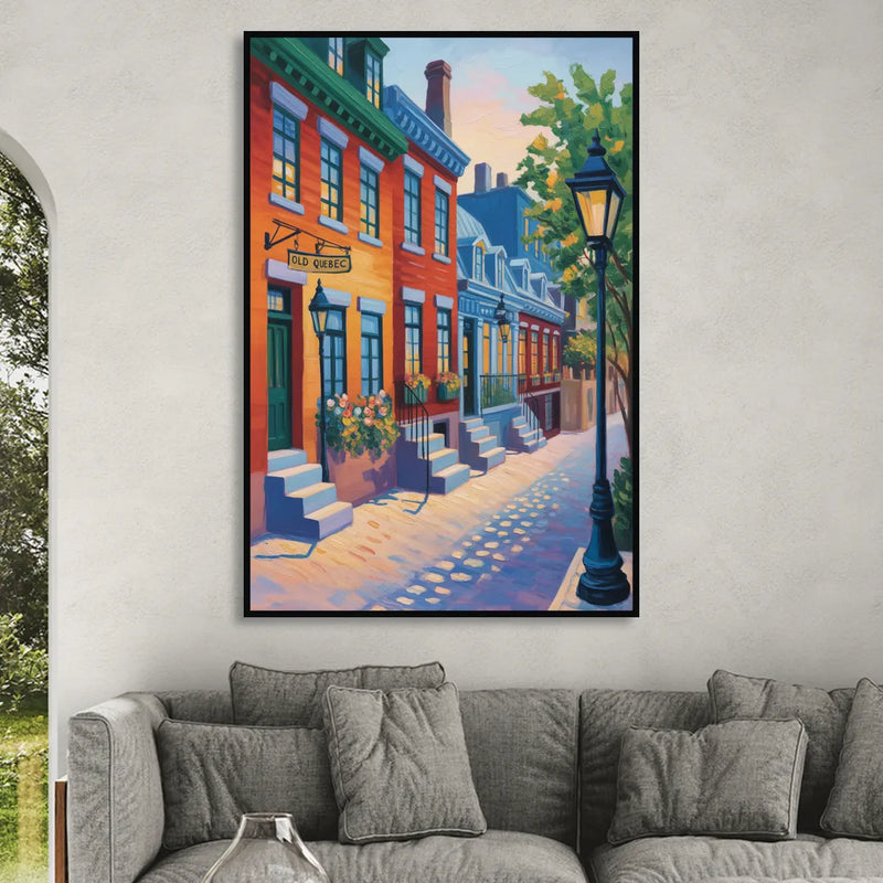 Old Quebec Streets Sitting Room - Black Canvas Wall Art