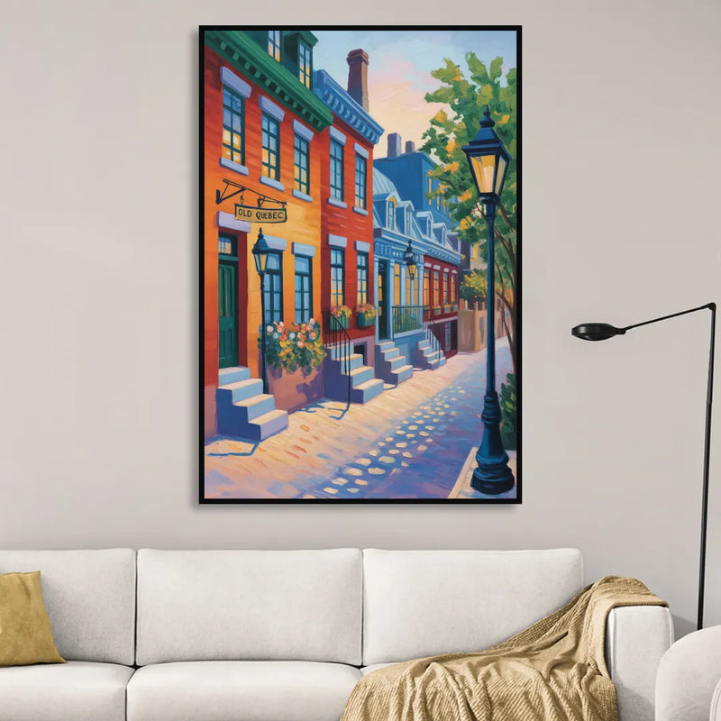 Old Quebec Streets Living Room - Black Canvas Wall Art