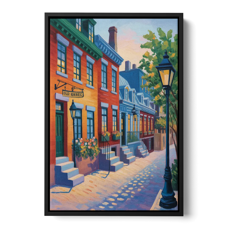 Old Quebec Streets Front - Black Canvas Wall Art